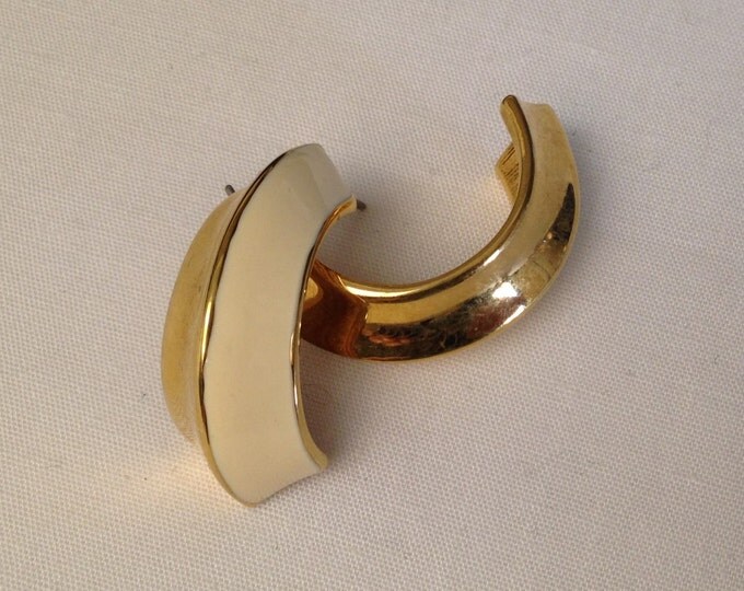 Storewide 25% Off SALE Vintage Gold Tone Monet Designer Signed Pierced Earrings Featuring Elegant Cream Enamel Accented Design