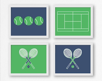 Tennis Prints: Tennis Racquets, Tennis Balls, and Tennis Court in Preppy Blue & Green Printable Wall Art, Sports Nursery, Kid's Room Decor