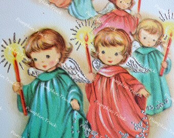 Vintage Christmas Card - Parade of Angels Holding Lit Candles - Used Glitter