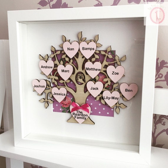 Personalised family tree with hearts in a frame by Thepinkgiraffes