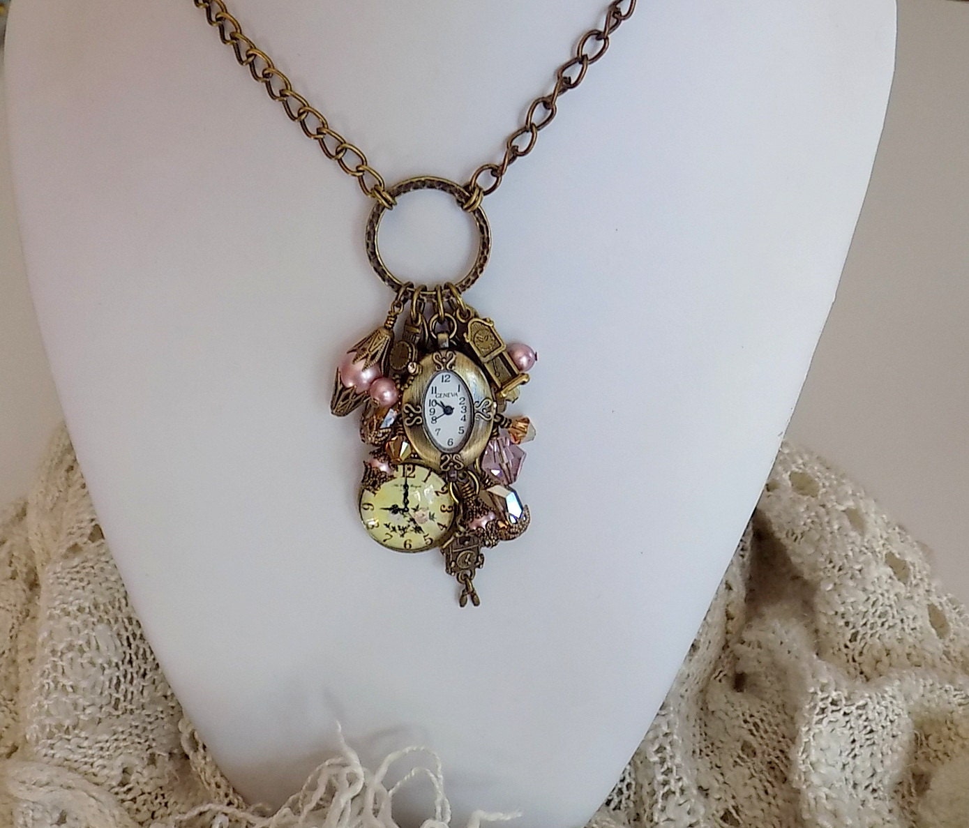 Victorian Style Clock Necklace Watch Charm Necklace Pink Pearl