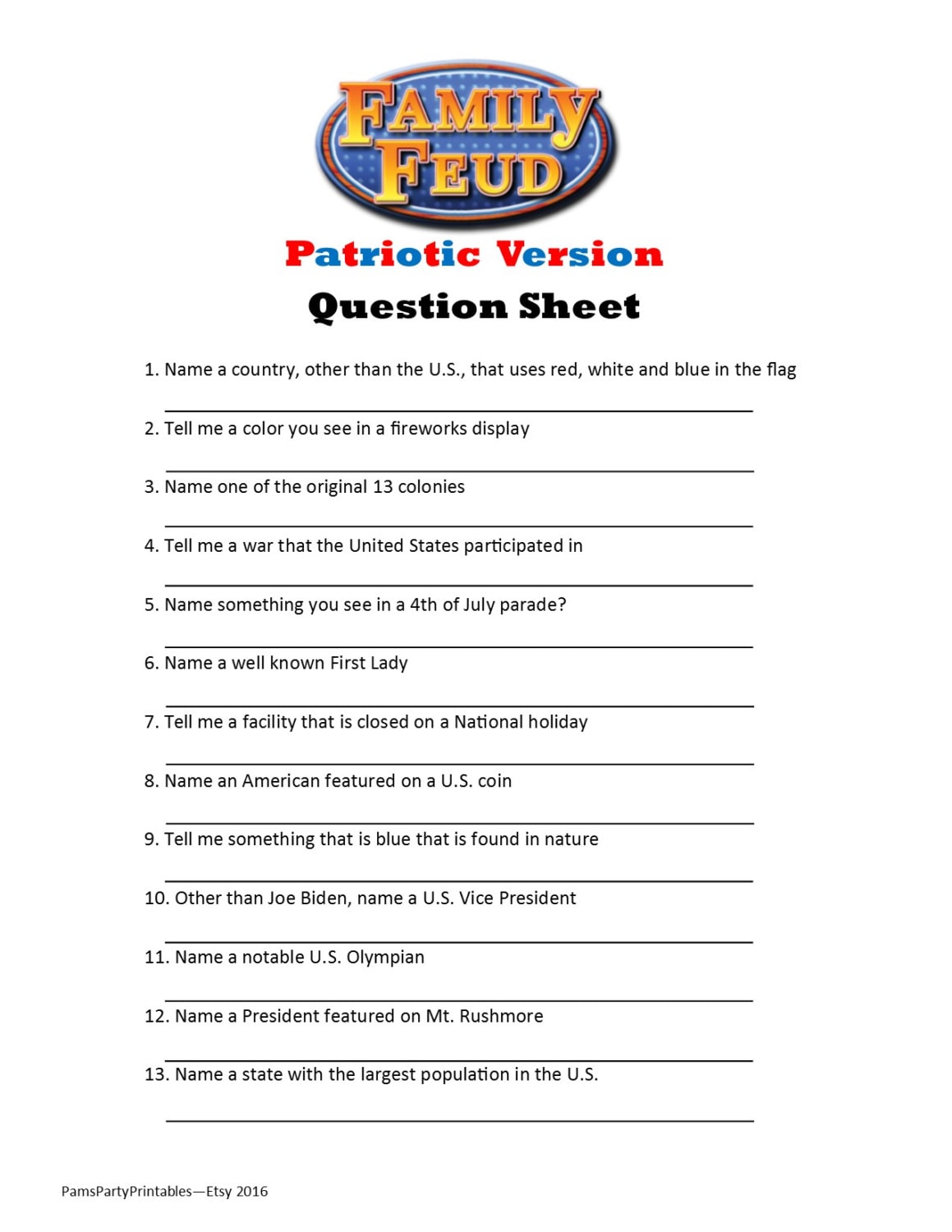 Printable Free Family Feud Questions And Answers Printable Quiz