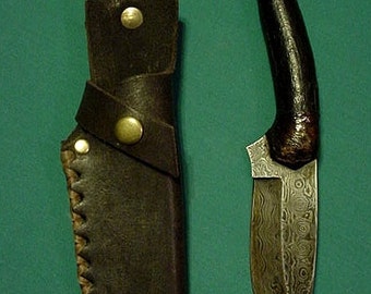 KN009 Damascus Knife with Fossil Tooth Handle and Sheath - FREE SHIPPING
