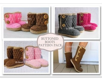 Crochet Patterns Buttoned Boots - ALL sizes Crochet Pattern Slippers - Baby Booties Toddler Children Adult Winter Boots Pattern Pack Women