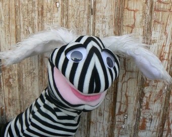 Hand Puppet animal with white fluffy ears, moving mouth und funny tongue Ready to ship OOAK