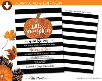 Little Pumpkin Baby Shower Invitation • Fall Autumn A Little Pumpkin Is On The Way Baby Shower Invite • DIY Edit Yourself BS-F-02