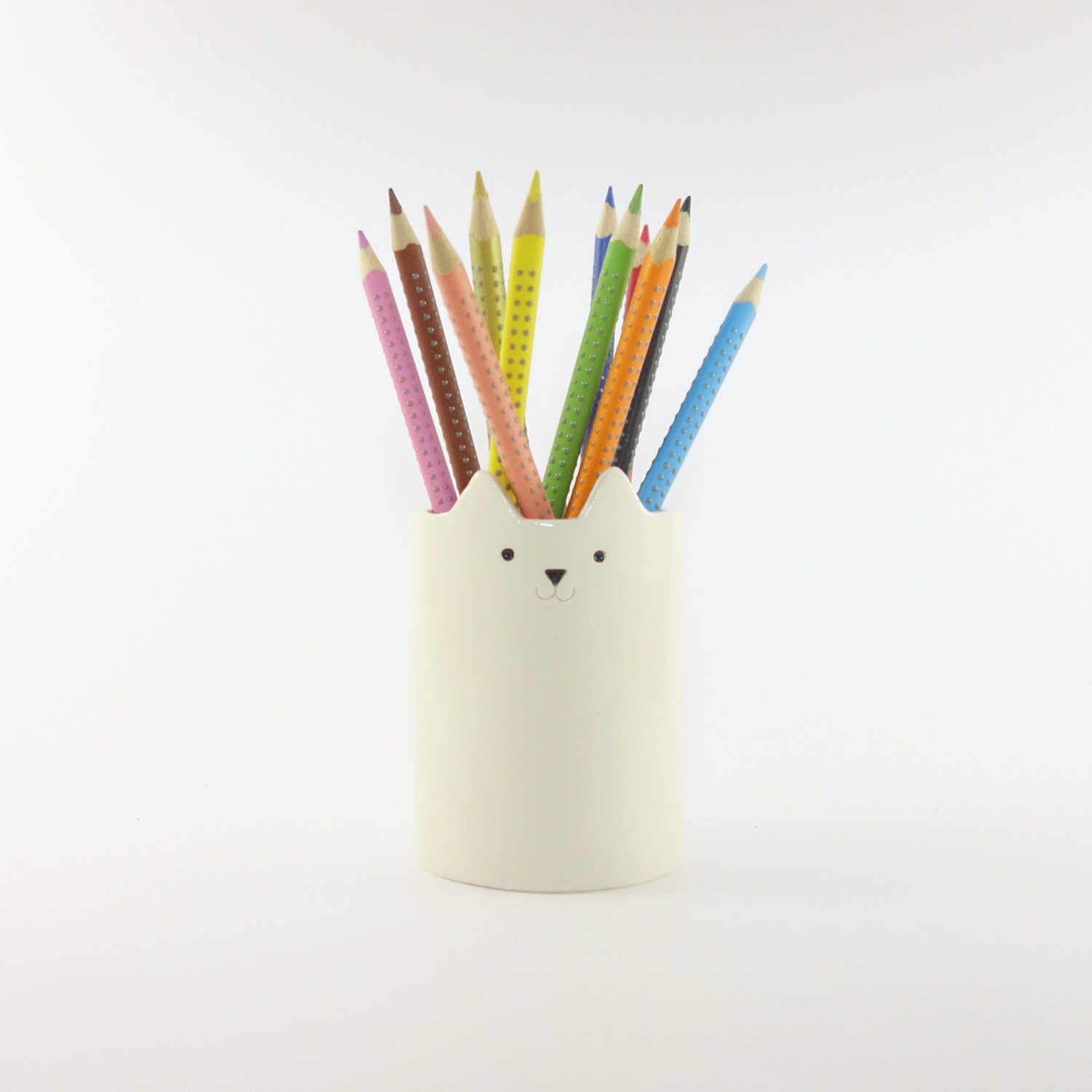 Cat Pencil Holder Pen Pot White Ceramics Desk Organiser