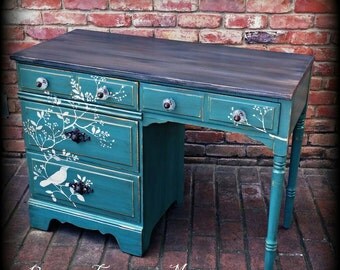 SOLD SOLD Vintage desk, stenciled desk, distressed desk, rustic desk, bird desk, shabby chic desk, green vanity, distressed vanity,
