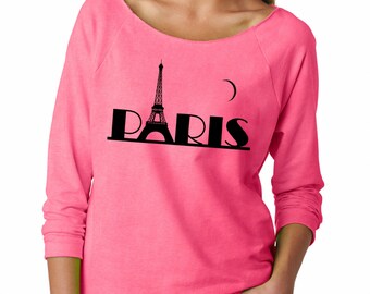Paris Eiffel Tower French Terry Stylish Raw Edge Off Shoulder Women Top France Terry Sweatshirt