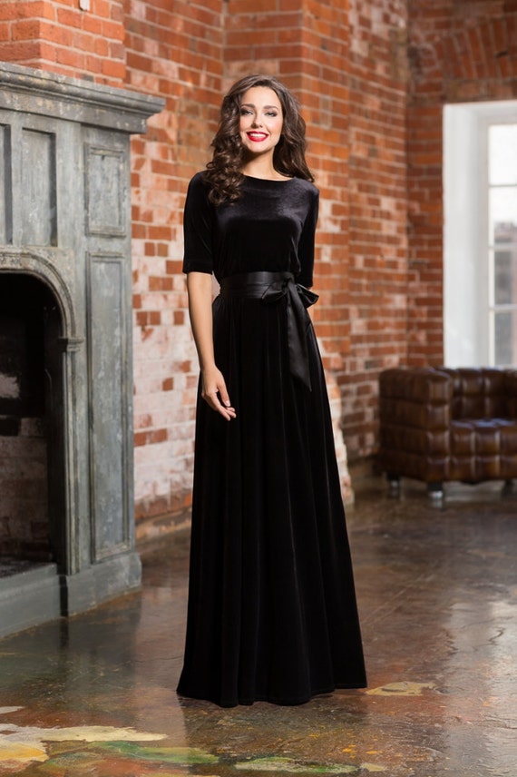  Black  dress  long  dress  Velvet  maxi dress  woman Autumn dress 