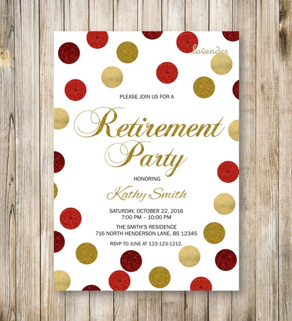 GOLD RED RETIREMENT Party Invitation Gold Red Glitters