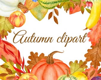 Autumn clipart, Pumpkin illustration, Autumn illustrations, Fall clipart, Hand painted clipart, Watercolor fall illustrations, Fall leaves