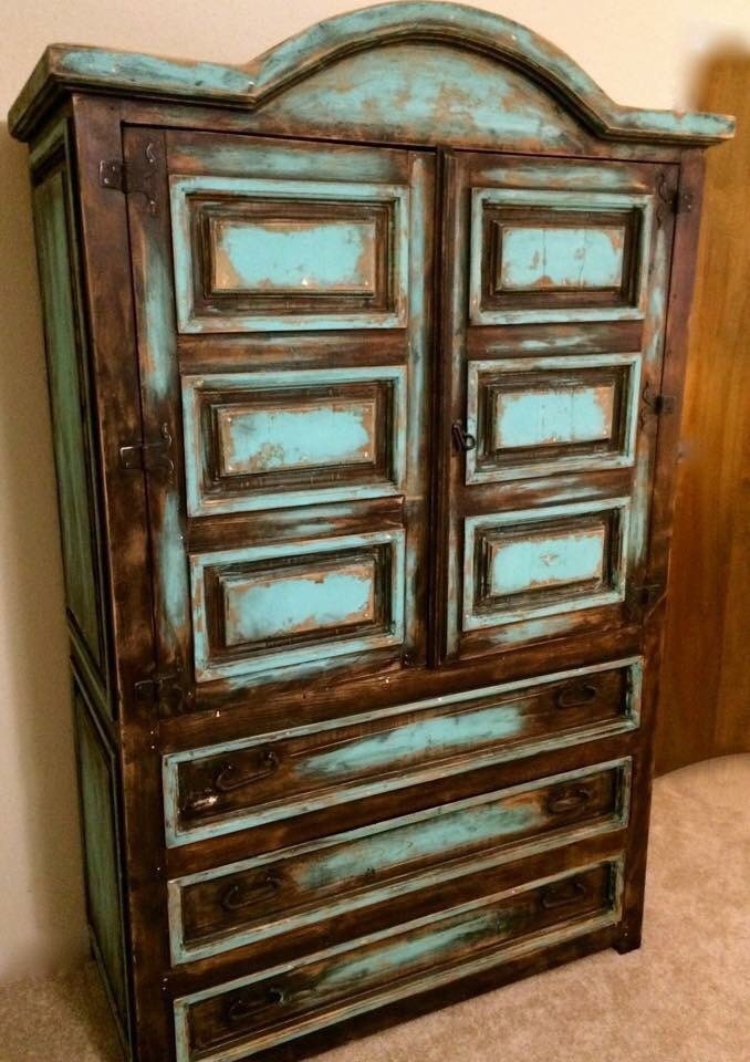 SOLDRustic Distressed Turquoise Armoire Cabinet