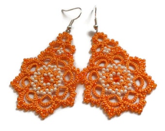 Lace Earrings Оrange Earrings Tatted Boho Beaded Earrings Jewelry Womens gift Dangle earrings Summer earrings Chandelier Earrings