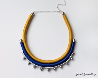 Statement necklace / rope necklace / bib necklace / color block / azure blue / amber / silver / beads / gift for her / handmade