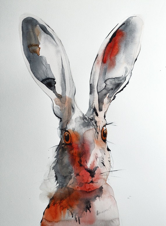 Hare original watercolor painting. One of a kind artwork.