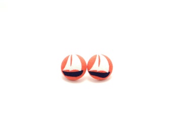 Sailboat fabric button earrings - coral and navy earrings - nautical earrings - gifts for her - hypoallergenic earrings - sailboat studs
