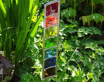 Ready to ship- 7 Colour Rainbow Stained Glass & Stainless Steel Garden Art Tower Ornament Sculpture - weatherproof frostproof
