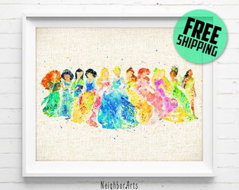 FREE SHIPPING- Disney, Princess, Ariel, Cinderella, Snow White, Belle, Rapunzel art print, poster, watercolor, nursery, kids, home decor 338