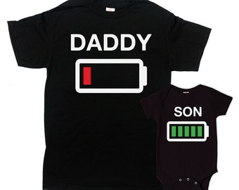 Father Son Matching Shirts Daddy And Me Clothing Father And Son Shirt Family Shirts Gifts For New Dad Battery Empty Full Bodysuit -SA647-649