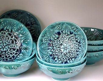 TEAL Ombre Colored Ceramic Bowls HAND-MADE and Hand-Painted with Moroccan Bohemian Henna Designs for Home Decor