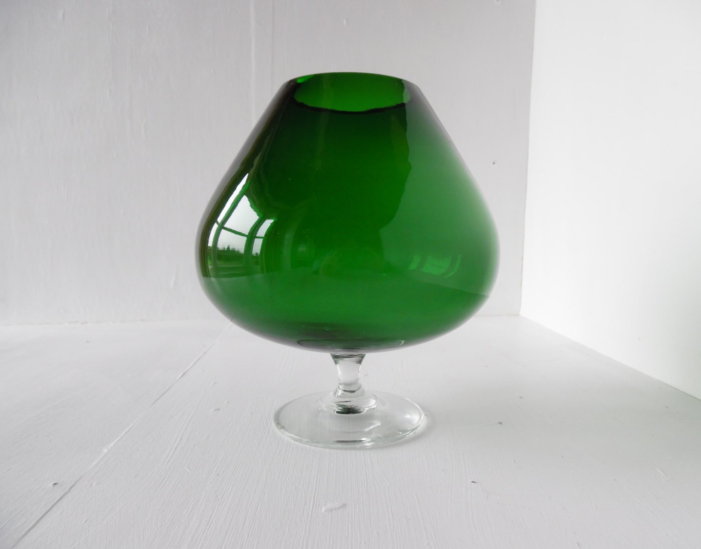 Large green glass balloon vase / giant brandy snifter mid