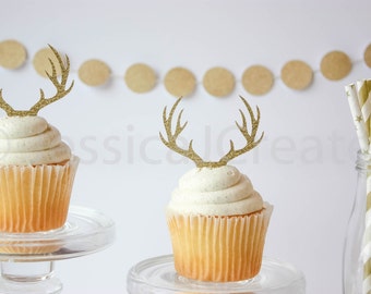 Antler Cupcake Toppers, Deer Cupcake Topper, Rustic Party Decorations, Cupcake Toppers, Gold Party Decor, Qty 12