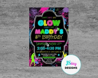 Glow party invite; glow in the dark birthday; dance invitation; girl party; tween birthday; teen birthday; black light; neon; glow stick