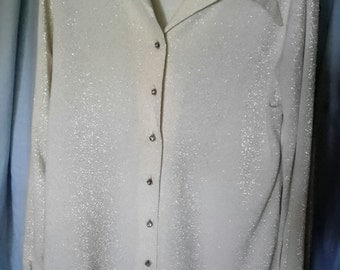 Gorgeous Jami Original white with silver threads and rhinestone buttons dress top, size med.