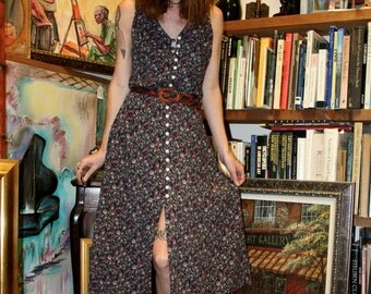 Vintage 1990s 90s Floral Button Up Boho Midi Maxi Sundress S Small M Medium L Large