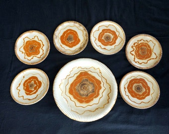 Fantastic, ca 1930, complete ceramic cake set by Carstens Uffrecht Germany, handpainted, museum quality, orange and brown on cream colour