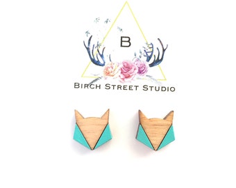 Fox Earrings. Laser Cut Wood Fox Studs. Woodland Fox. Teal Fox. Cute Laser Cut Earrings. Fox Head Studs. Wooden Studs, Geometric Earrings