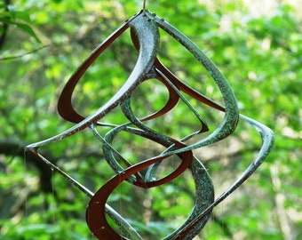 Bronze Patina Spiral Cosmix Wind Spinner & School of Spoon Fish Wind Chime-Kinetic Garden Art-Special Someone Gift-Outdoor Metal Sculpture