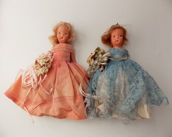 Pair (2) of vintage custom bridesmaids dolls, OOAK dolls, pink dress doll, blue dress doll, bisque dolls, princess dolls, fashion doll