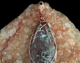 Wire Wrapped Natural Copper Domed Teardrop Cabochon Pendant