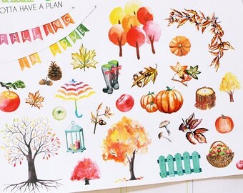 Planner Stickers Watercolor Autumn Deco for Erin Condren, Happy Planner, Filofax, Scrapbooking
