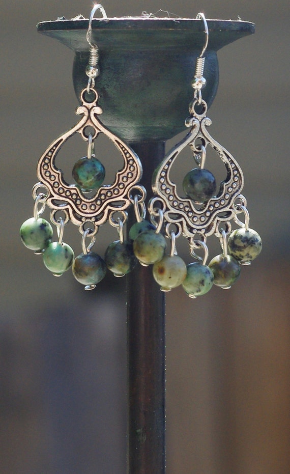 African Turquoise Chandelier Earrings ~ Boho Jewellery ~ Tibetan Silver Turban ~ Anniversary Gift ~ Birthday Gift ~ Natural Stone