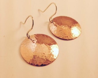 Forged Copper Disc Earrings; Hammered Copper Disc earrings; Artisan Copper Disc Ears; Forged and Domed Copper Ears; Copper and sterling ears