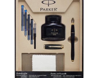 Parker Fountain Pen Set | Medium Point Urban Parker Pen | Gifts For Writers, Gift Boss | Black w/ Gold Trim, Ink Cartridges, Calligraphy Pen