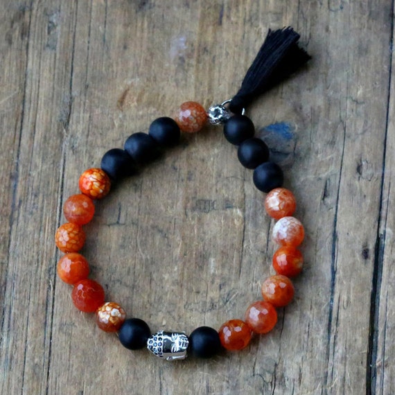 Red Carnelian and Black Obsidian Bracelet with by PACIFICMINERALS