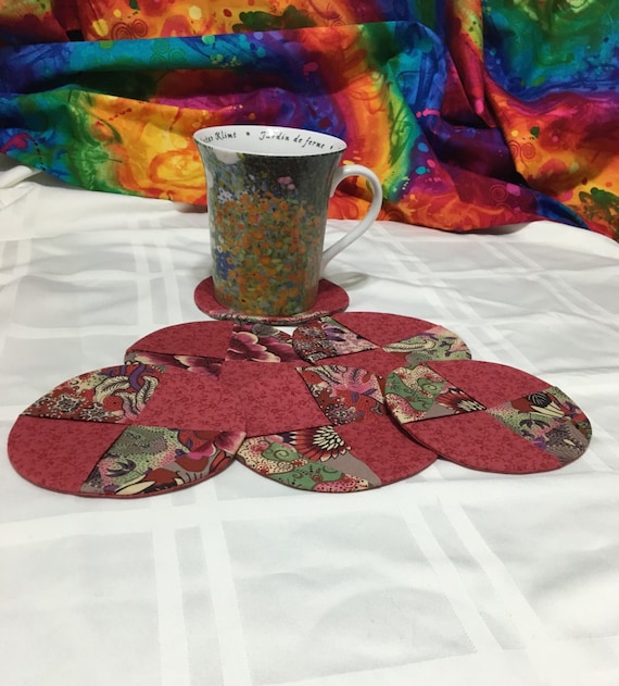 Quilted Coasters RoseRedAbstract Fabric Wine Glass Holder