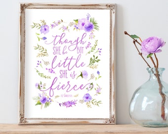 Though She Be But Little She Is Fierce Print, Purple Nursery Decor, Purple Nursery Wall Art, Floral Nursery Art, Purple and Gray Nursery