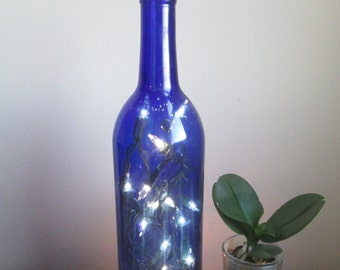 Cobalt Blue Wine Bottle Light, Blue Decor, Bottle Lamp, Accent Light, Blue Accent, Cobalt, Lighting, Mantle Decor, Decoration, Side Table