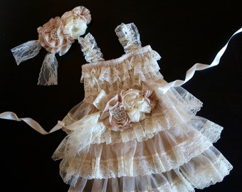 Lace Flower Girls Dress , Sash and Headband Set, Cream Rustic Lace Dress, Flower Girl Outfit,Ruffle Dress ,Birthday Outfit