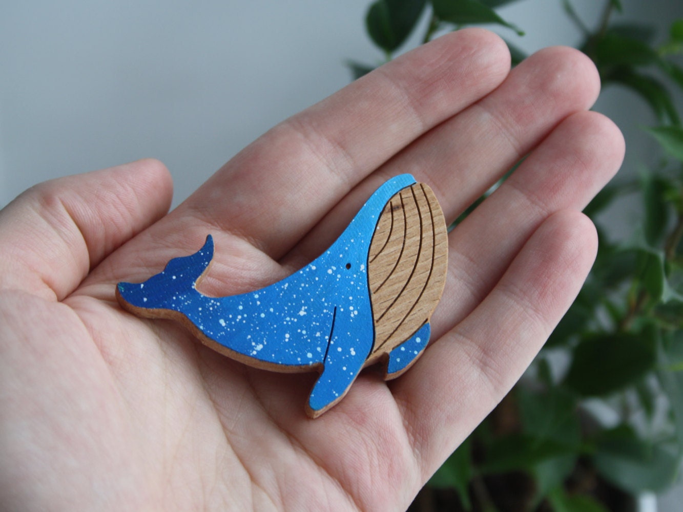 Blue Whale Brooch Pin Blue Wood Pin Cosmic Pin