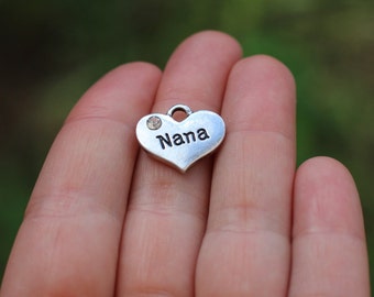 1 piece Stamped Heart, Nana charm, Nana, Grandmother Heart Charm, Heart Charm with Rhinestone, Grand mother Charm , Nana gift diy B19614H