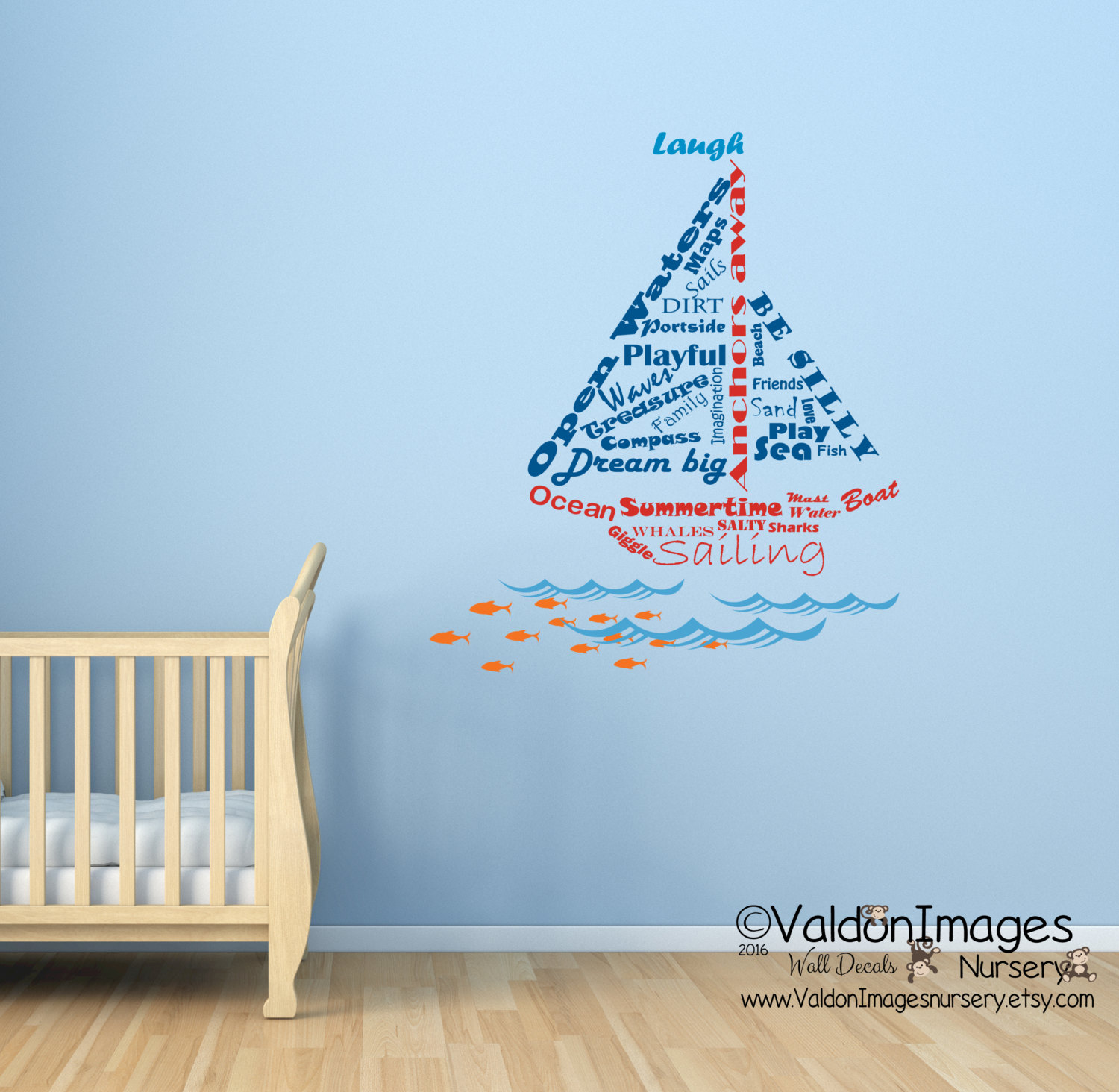 Sailboat shape nautical wall decal word cloud decal ocean