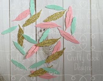 Feather Confetti - Tribal Baby Shower Decor - Boho Theme - Mint, Coral, & Gold - Table Confetti - Party Decor