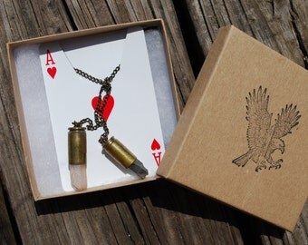 Double bullet casing necklace with raw quartz crystals