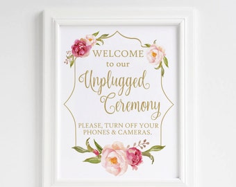 Unplugged Wedding sign, Unplugged Ceremony Sign, No cell phones sign, No cameras wedding, Blush gold wedding, Floral wedding decor